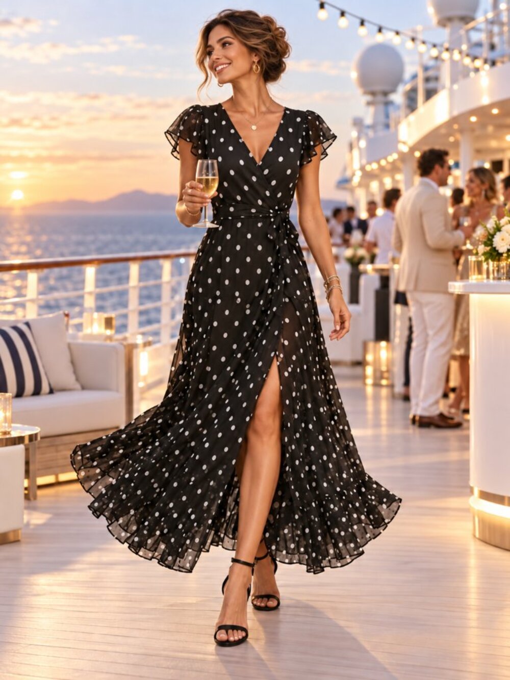 Eva Mendes NY&C Black Polka Dot Wrap Maxi Dress XS Halloween Holiday